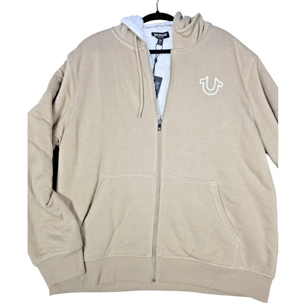 True‎ Religion Buddha Graphic Sherpa Fleece Hoodie Full Zip Hooded Sz XL NWT Tan
